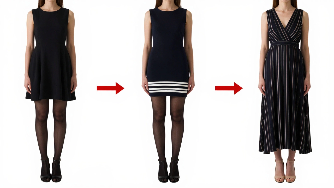 Три силуэта: одно платье укорачивает, другое удлиняет — показано сравнение оптического эффекта.