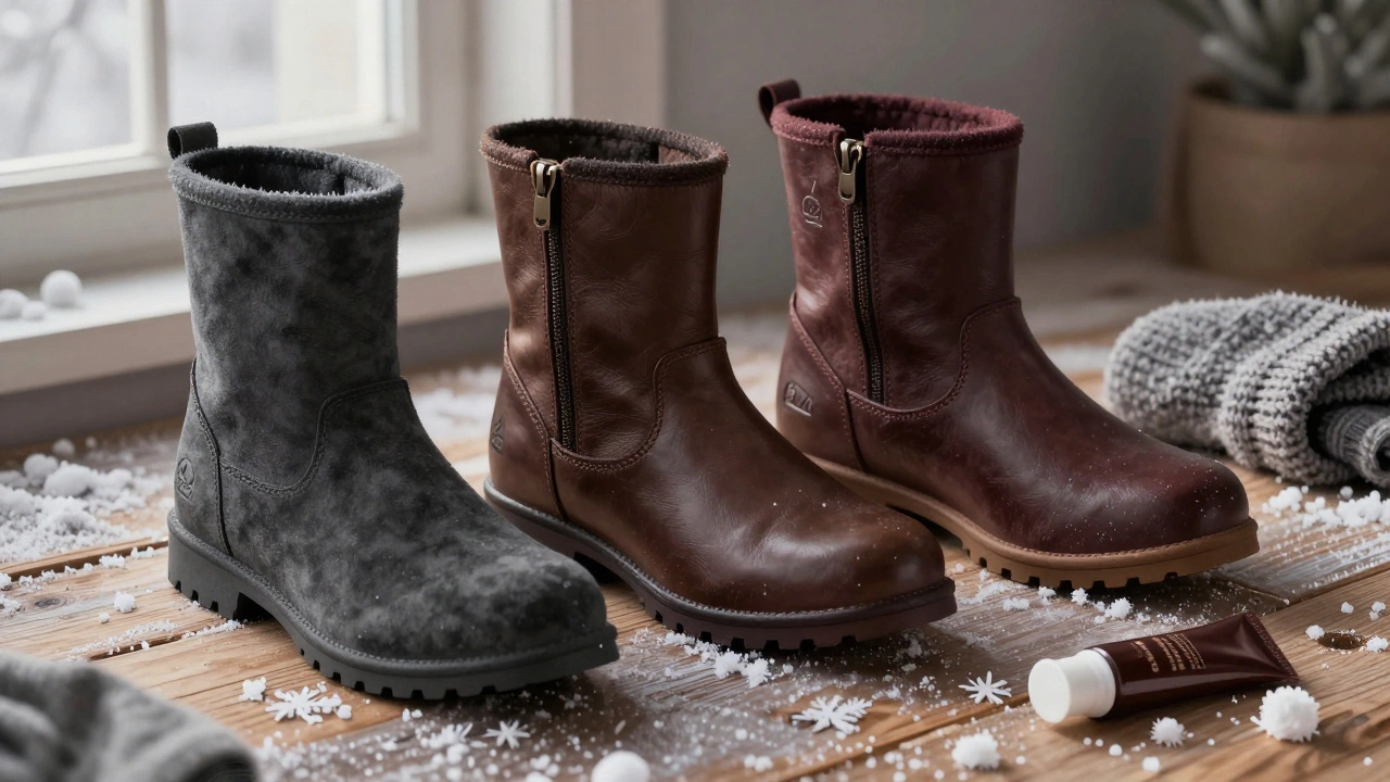 Три стильные зимние сапоги на деревянной поверхности: нубук, кожа и экоматериал с аксессуарами для ухода.