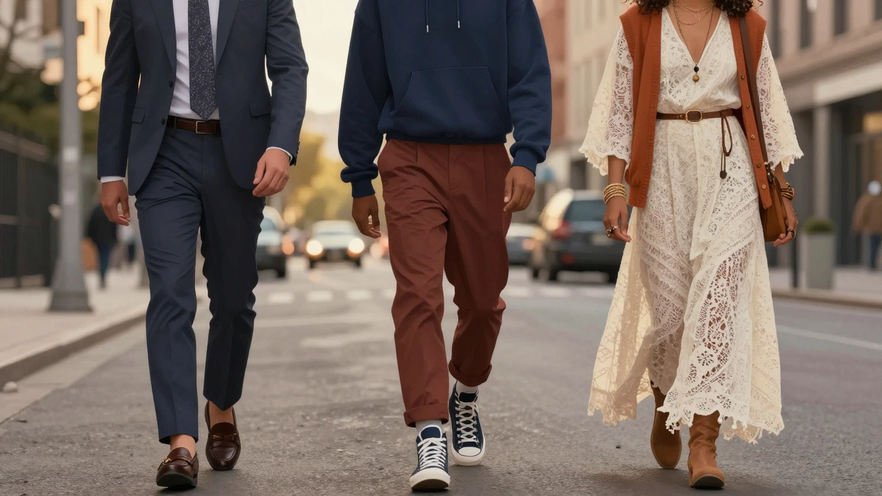 Уличная сцена с тремя людьми в разных стилях одежды на закате в городе.