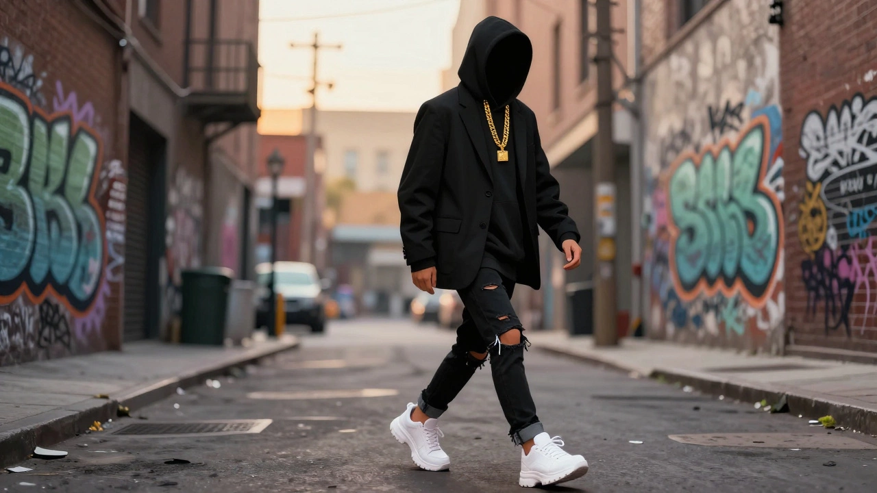 Уличный стиль: оверсайз худи, пиджак, рваные джинсы и кроссовки в городском переулке.