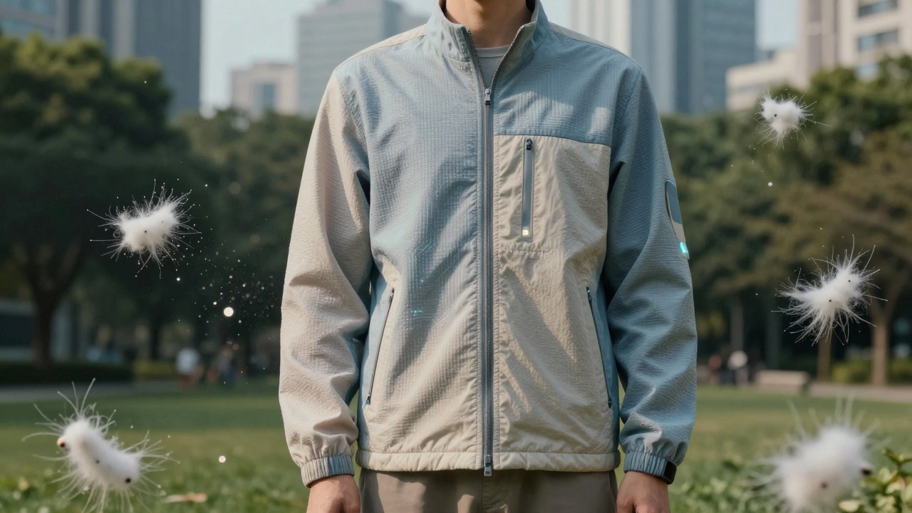 Человек в умной куртке, меняющей цвет от тепла тела, вокруг — поглощаемые микропластики, природа и технологии в гармонии.