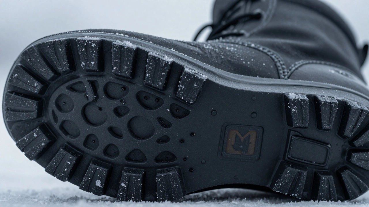 Детализированный вид подошвы зимней обуви из ТПУ с микролезвиями и дренажными каналами.