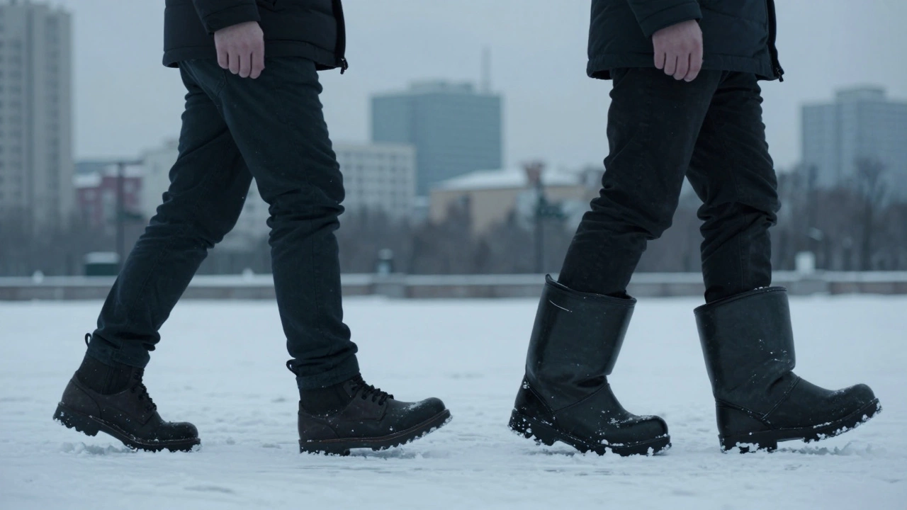 Два мужчины идут по снегу: один с правильной посадкой обуви, другой — с болтающейся пяткой.