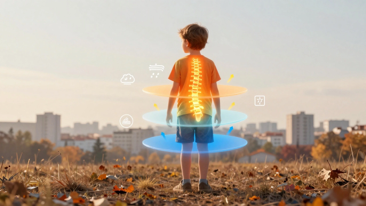 Концептуальное изображение спинки ребёнка с тремя слоями одежды и тепловой картой, символизирующей комфорт.