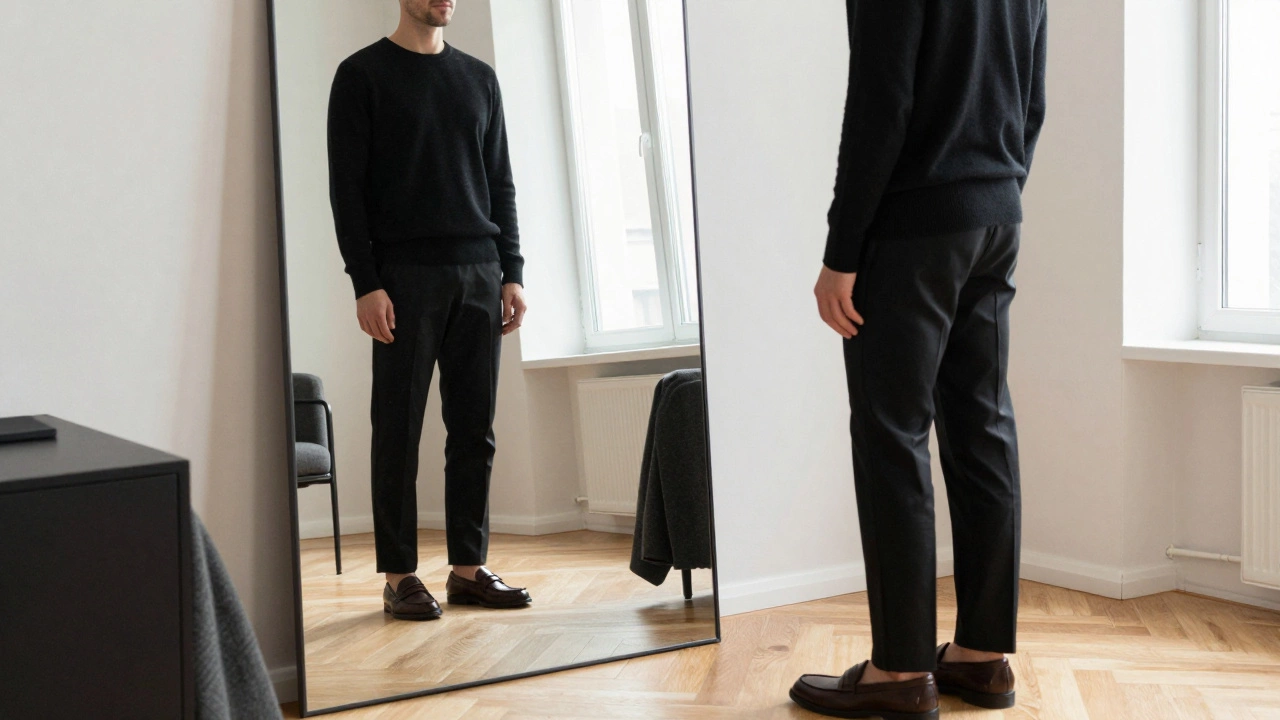 Мужчина в чёрном минималистичном образе смотрит в зеркало, одетый в свитер, брюки и лоферы без лишних деталей.