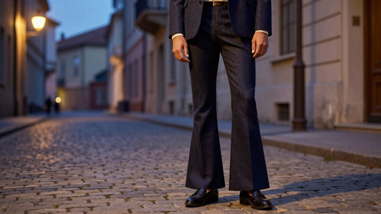 Мужчина в расклешенных брюках и коротком пиджаке на улице при закате