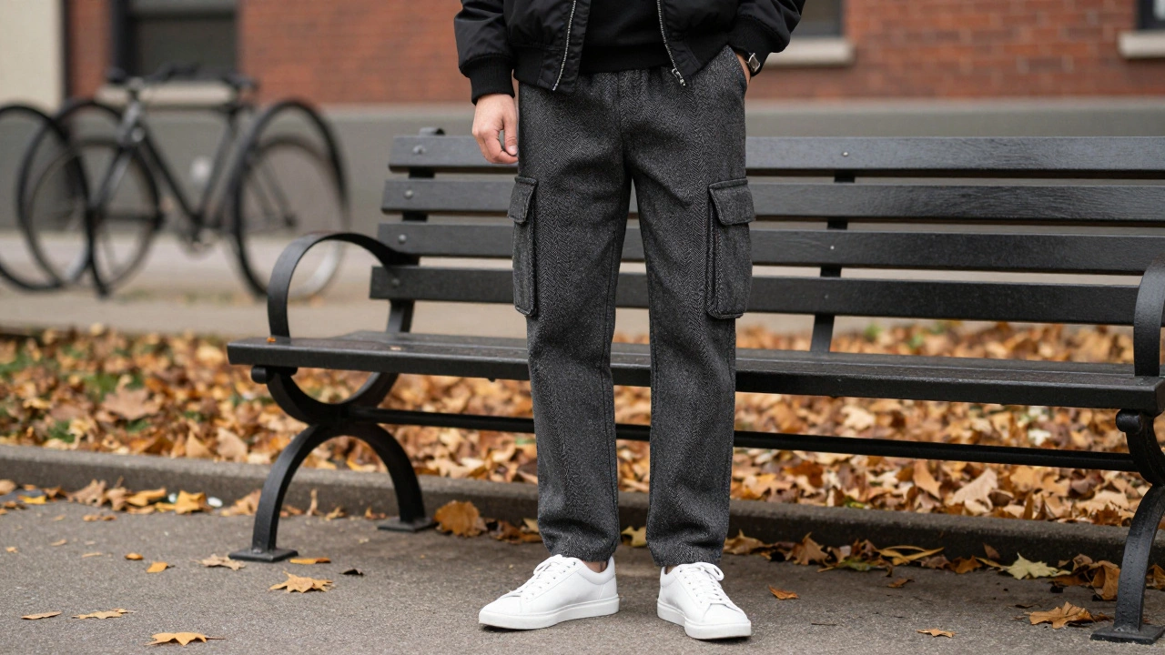 Мужчина в современных карго-брюках с кроссовками в парке осенью