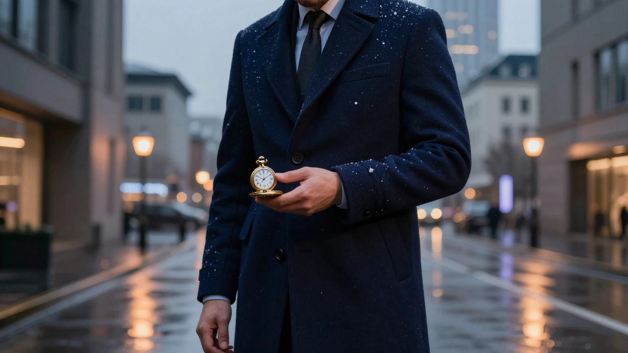 Мужчина в тёмно-синем пальто с золотыми деталями на фоне зимнего городского пейзажа.