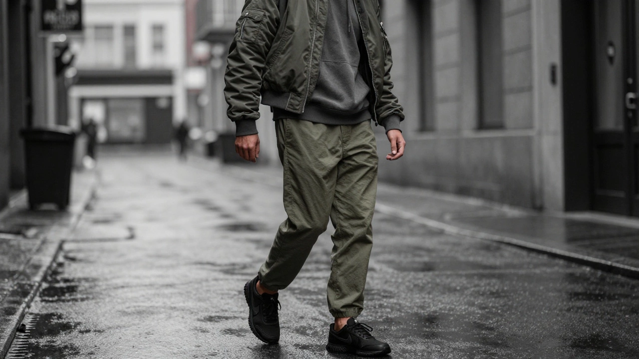 Мужчина в уличном стиле с широкими брюками, худи и матовыми кроссовками, идёт по мокрому городскому переулку.