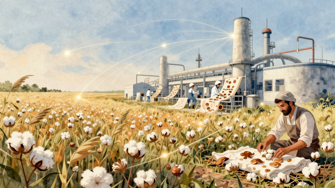 Пейзаж из льна, органического хлопка и грибного шелка, соединённых нитями света, символизирующими устойчивую моду.