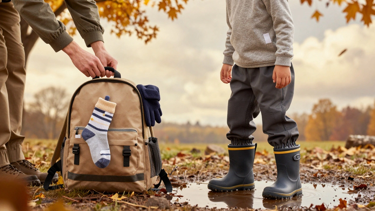 Ребёнок в водонепроницаемых брюках и ботинках играет у лужи, рядом открытый рюкзак со сменой одежды.
