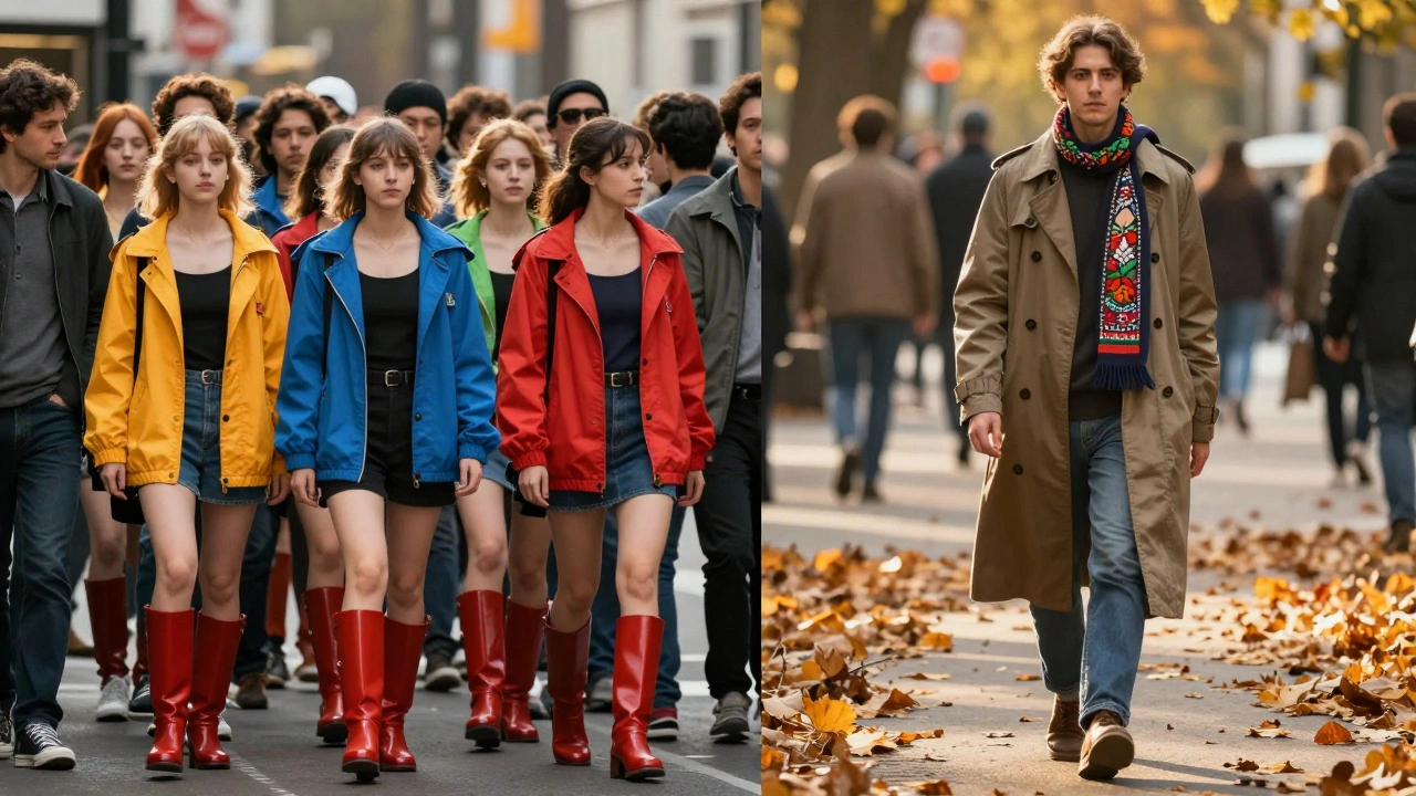 Слева — толпа в одинаковых ботинках и куртках, справа — один человек в пальто с вышитым шарфом, идущий спокойно.