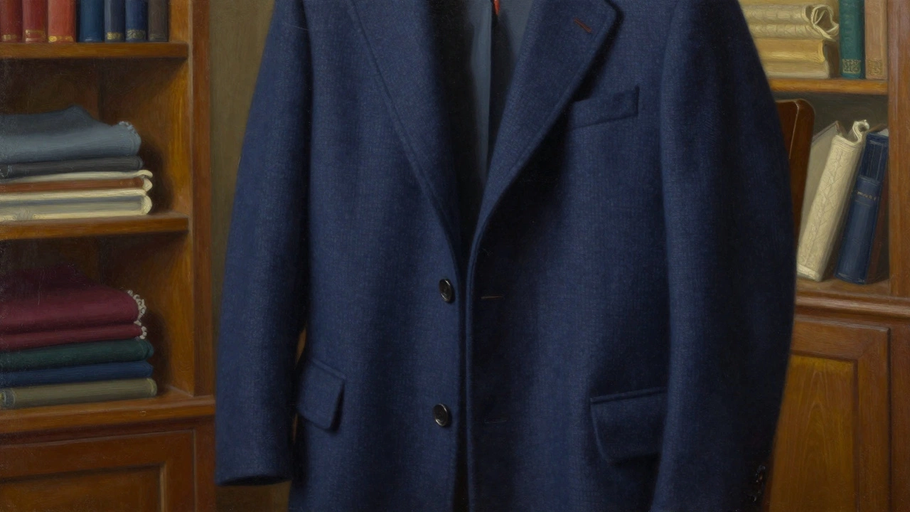Темно-синий шерстяной пиджак на деревянном стуле, текстура ткани и мягкий свет.