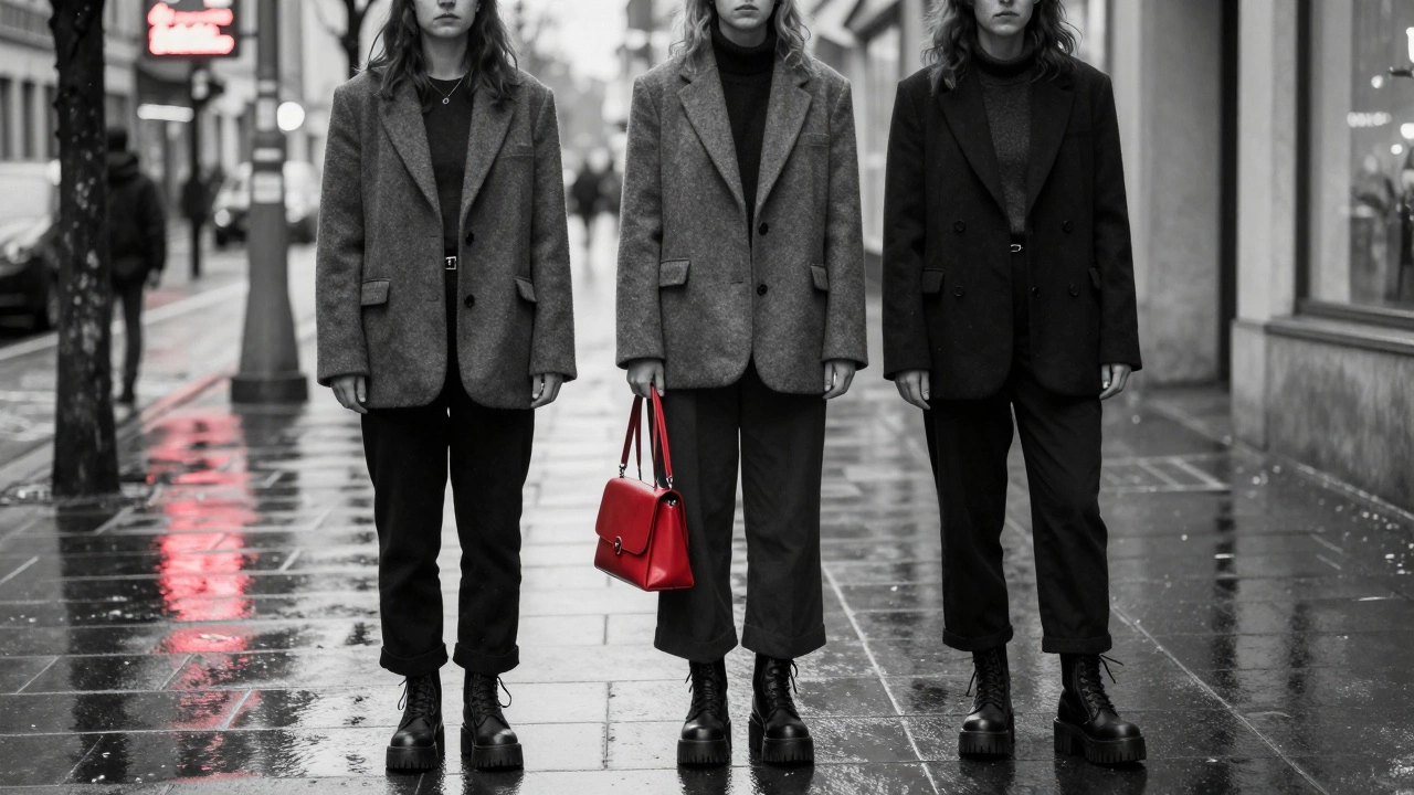 Три женщины в андрогинной одежде на мокрой улице, один акцентный красный аксессуар на фоне городских огней.