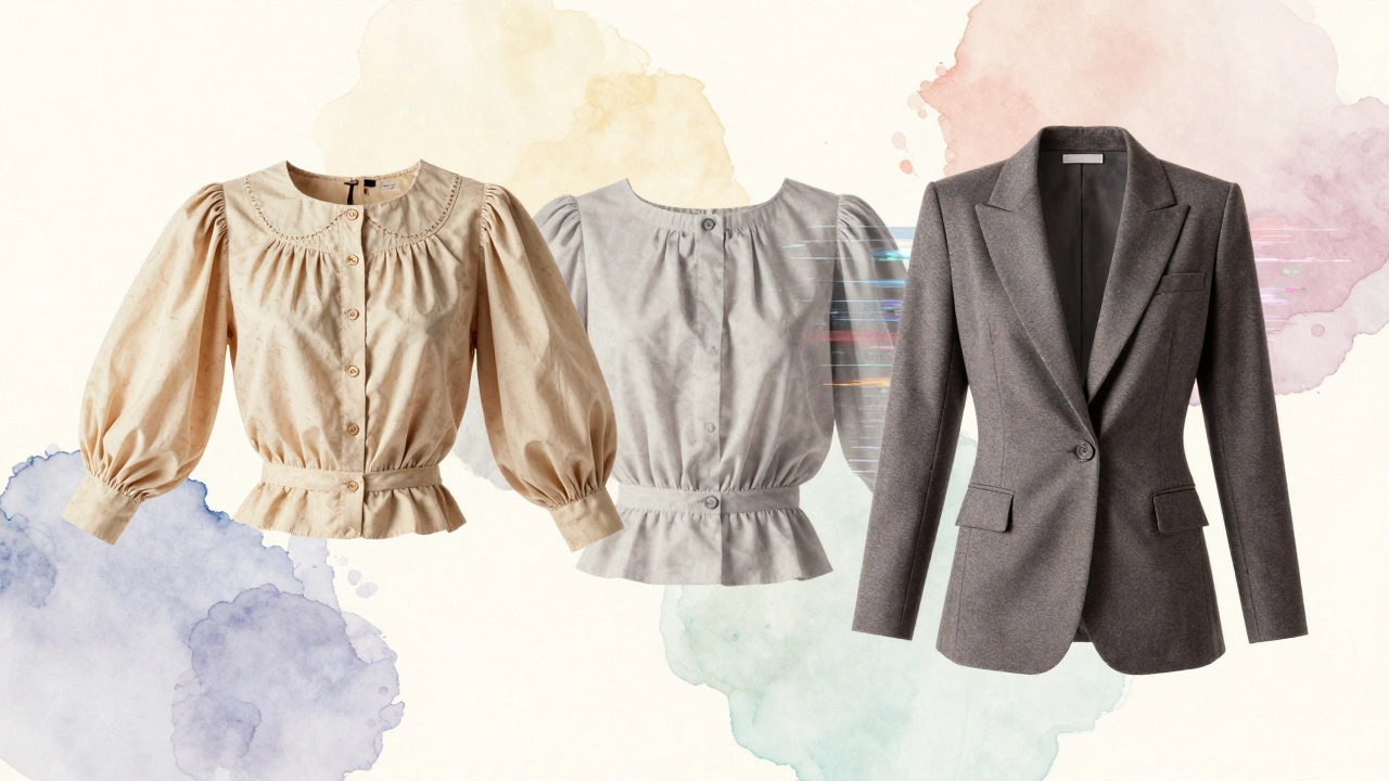 Винтажная блузка 1980-х плавно превращается в современную версию 2023 года, символизируя эволюцию моды.