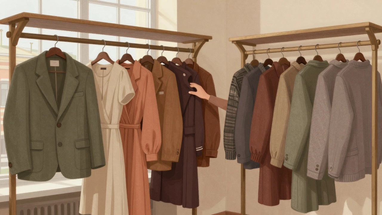 Винтажная одежда на деревянных полках в магазине, выложенная по оттенкам оливкового, глиняного и пепельного.