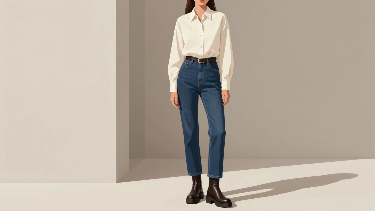 Женщина в мужской рубашке с прямым кроем и джинсах, с поясом, в минималистичном интерьере.