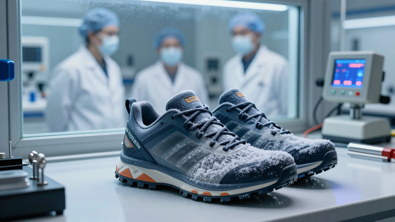 Зимние кроссовки тестируются в лаборатории при экстремально низкой температуре.