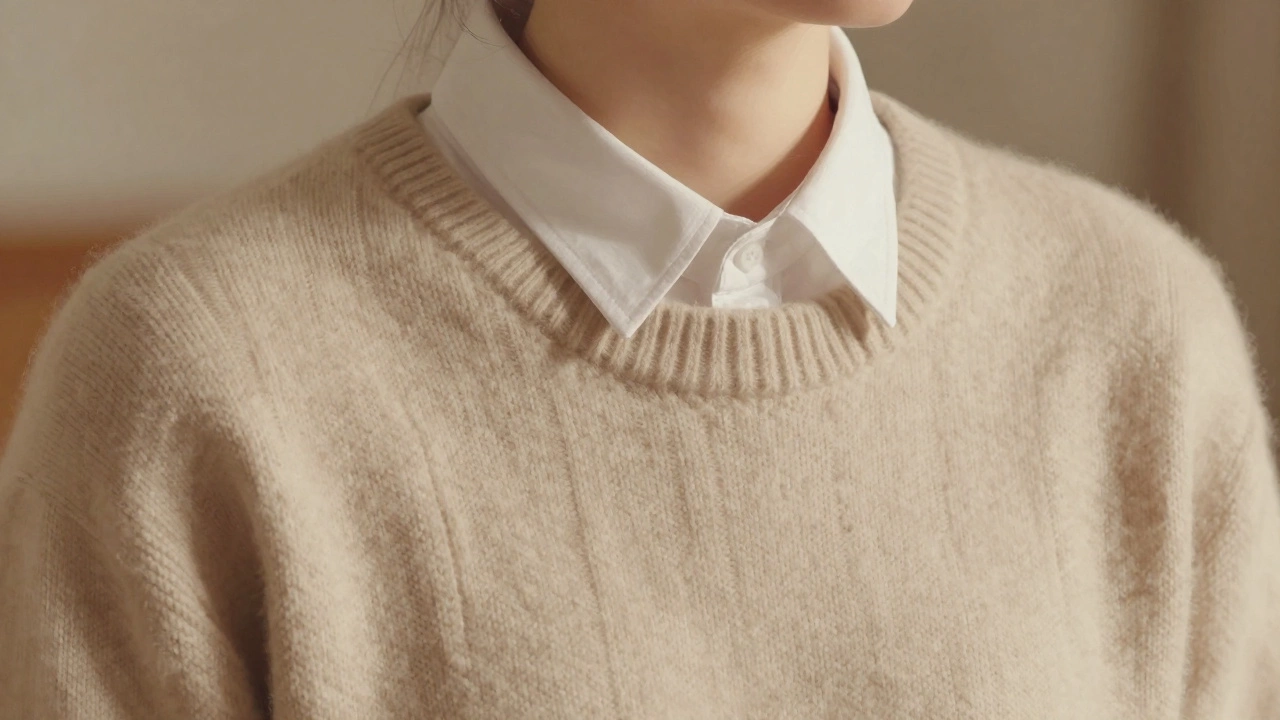 Близкий план кашемирового свитера и рубашки с текстурой ткани, без брендов.