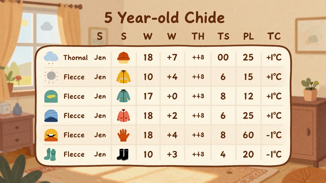 Иллюстрированная таблица с советами по одежде для ребенка 5 лет в зависимости от температуры.