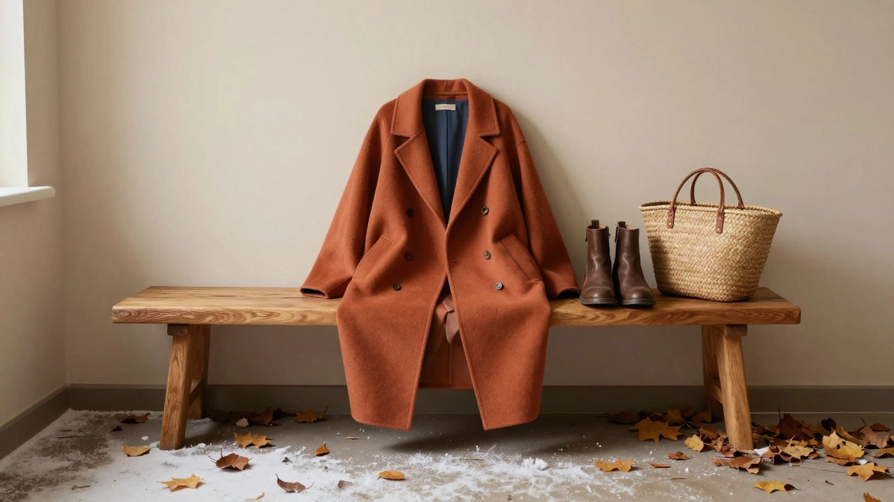 Минималистичный гардероб: пальто, ботинки и сумка-корзина на деревянной скамье, вокруг — тающий снег и листья.