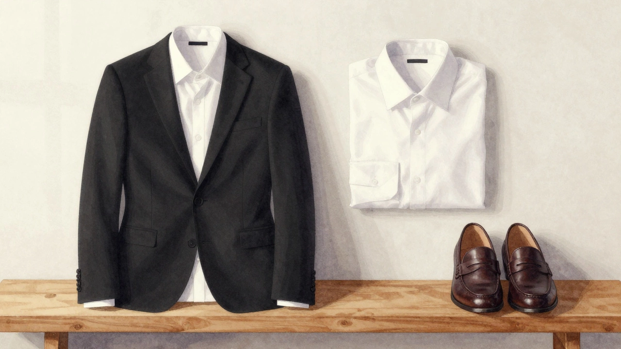 Минималистичный гардероб с пиджаком, рубашкой и туфлями, без аксессуаров.