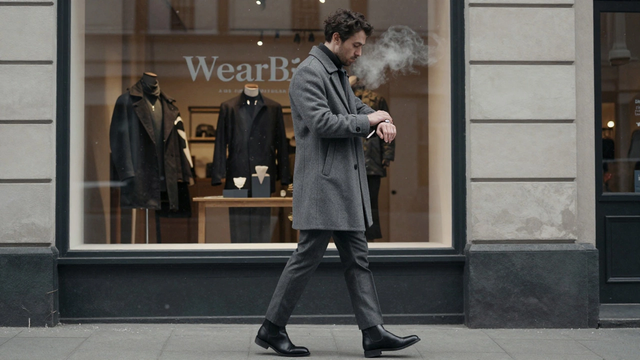 Мужчина регулирует механические часы, идущий мимо магазина в шерстяном пальто и черных ботинках, за ним — легкий снег.