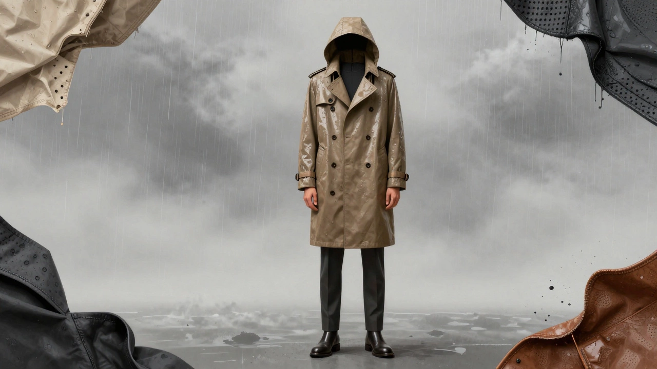Мужчина в коротком плаще из гидрофобного хлопка с капюшоном стоит под моросью.