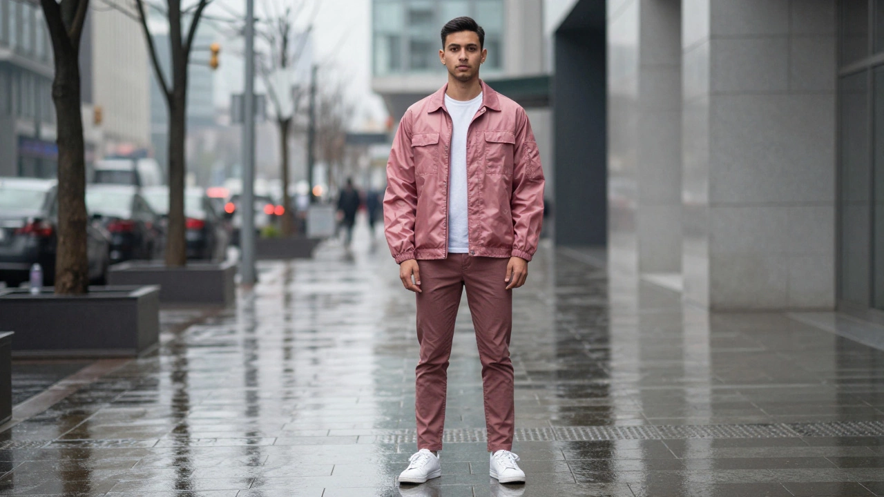 Мужчина в легкой розовой куртке с свободными рукавами стоит на улице в пасмурную погоду.