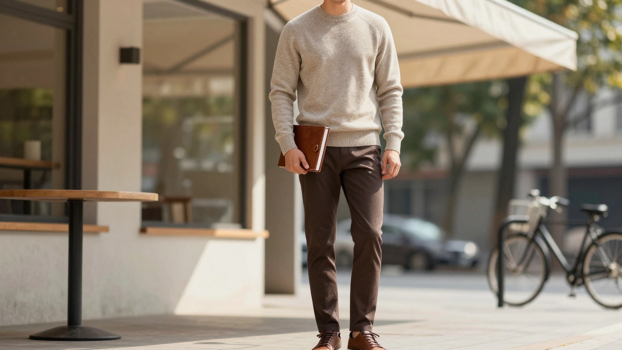 Мужчина в спортивно-элегантном образе: свитер из шерсти и кожаные кеды, держит блокнот у кафе.