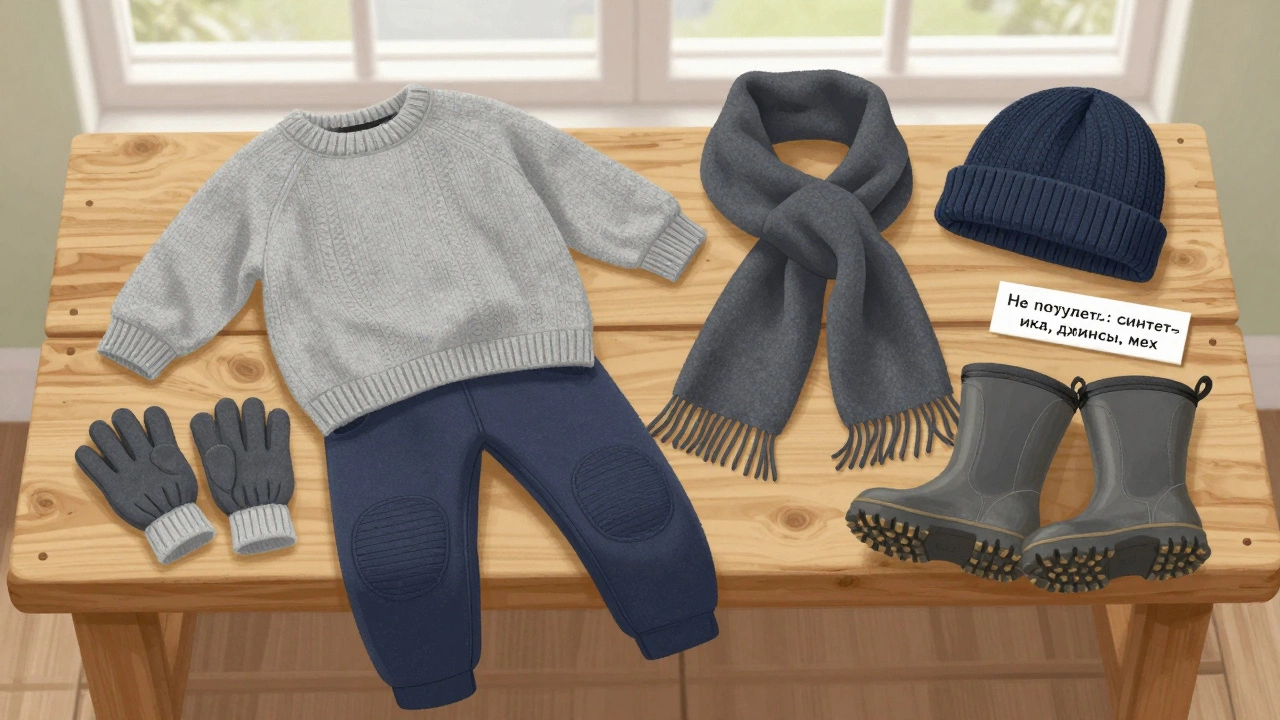 Осенью детская одежда: термосвитер, утеплённые брюки, шарф, перчатки и шапка с ушками на деревянной скамейке.