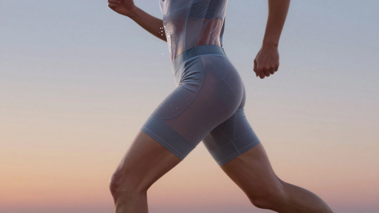 Прозрачная иллюстрация механики беговых трусов: влагоотвод, компрессия и плоские швы, без лица.