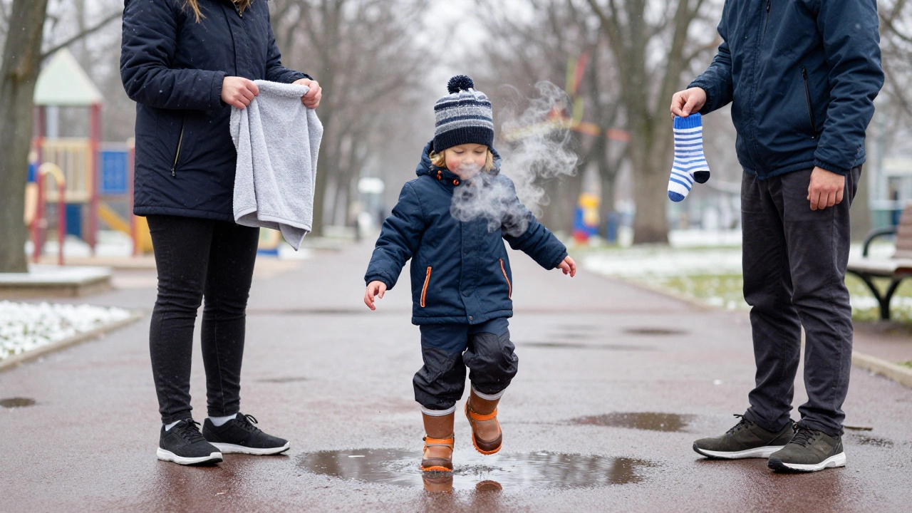 Ребёнок прыгает через лужу в зимней одежде, родитель держит запасные носки и полотенце.