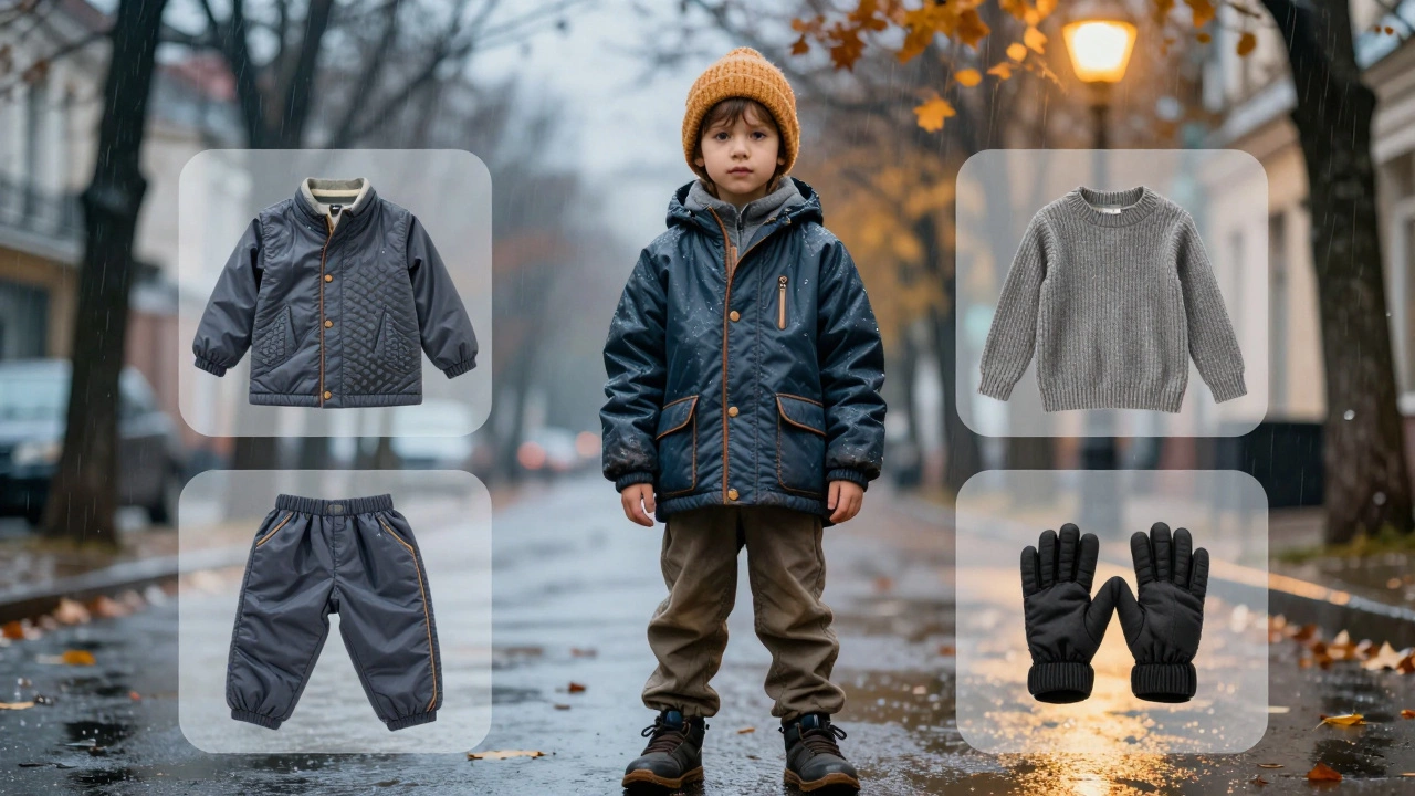 Ребёнок в тёплой осенней одежде с выделенными функциональными элементами: мембрана, утеплитель, противоскользящая подошва.