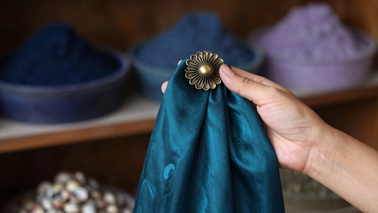 Рука держит бирюзовый шелковый шарф с бронзовой брошью, вокруг — натуральные красители, атмосфера изысканной ручной работы.