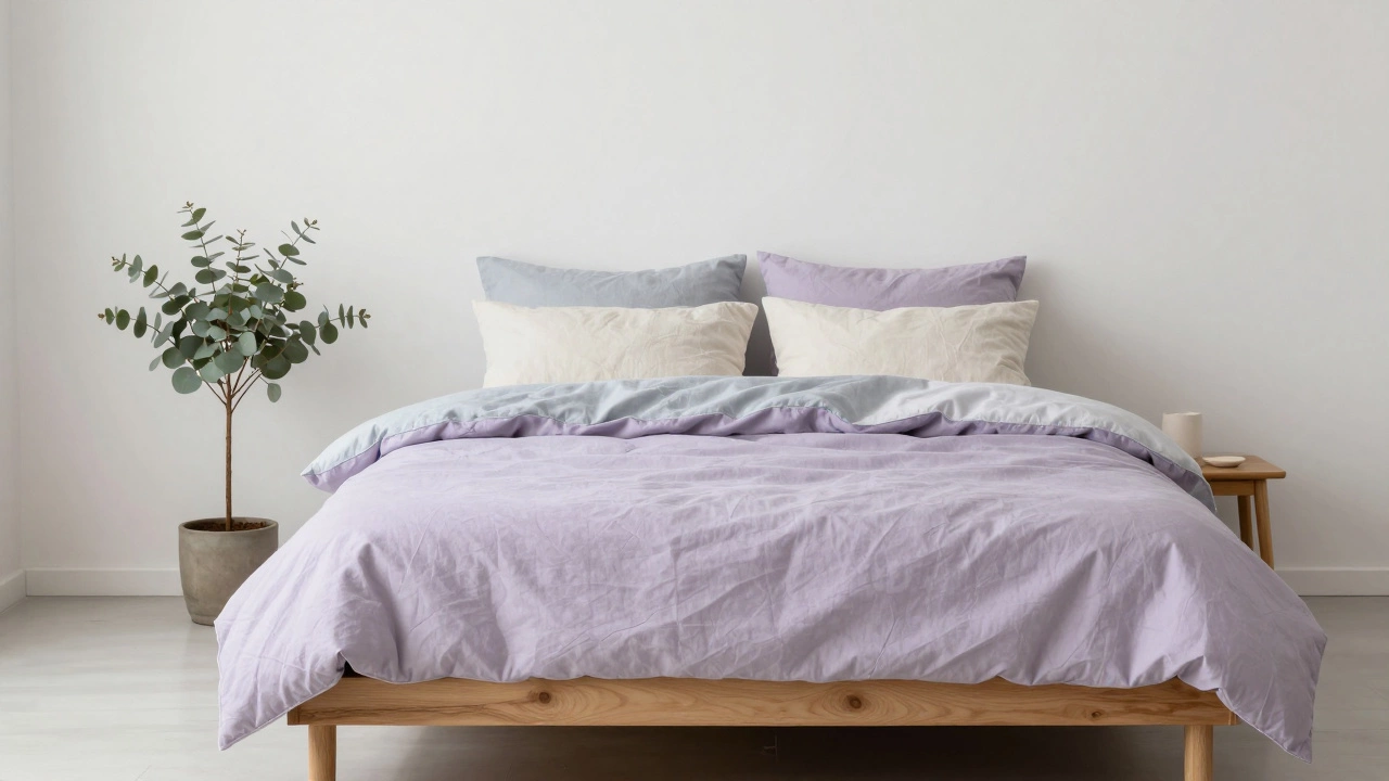 Спальня в скандинавском стиле с пастельными оттенками: лавандовым, серо-синим и кремовым на натуральном льне.