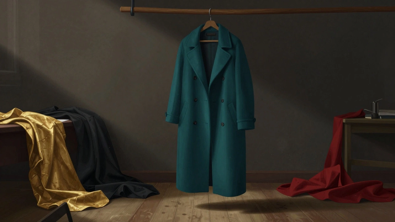 Темно-бирюзовый пиджак на крючке среди забытых одежды, одинокий луч света подчеркивает его вечную глубину.