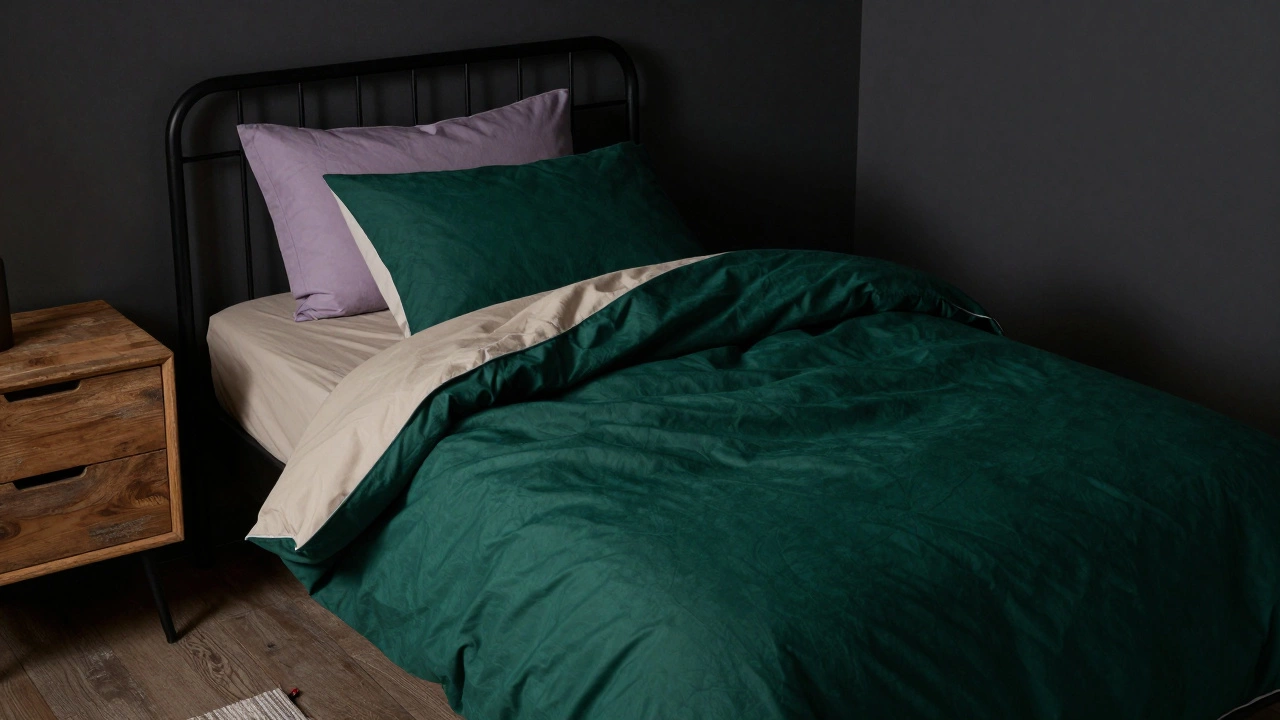 Темно-зеленый пододеяльник с нейтральной простыней и лавандовыми наволочками в спальне с деревянной мебелью.