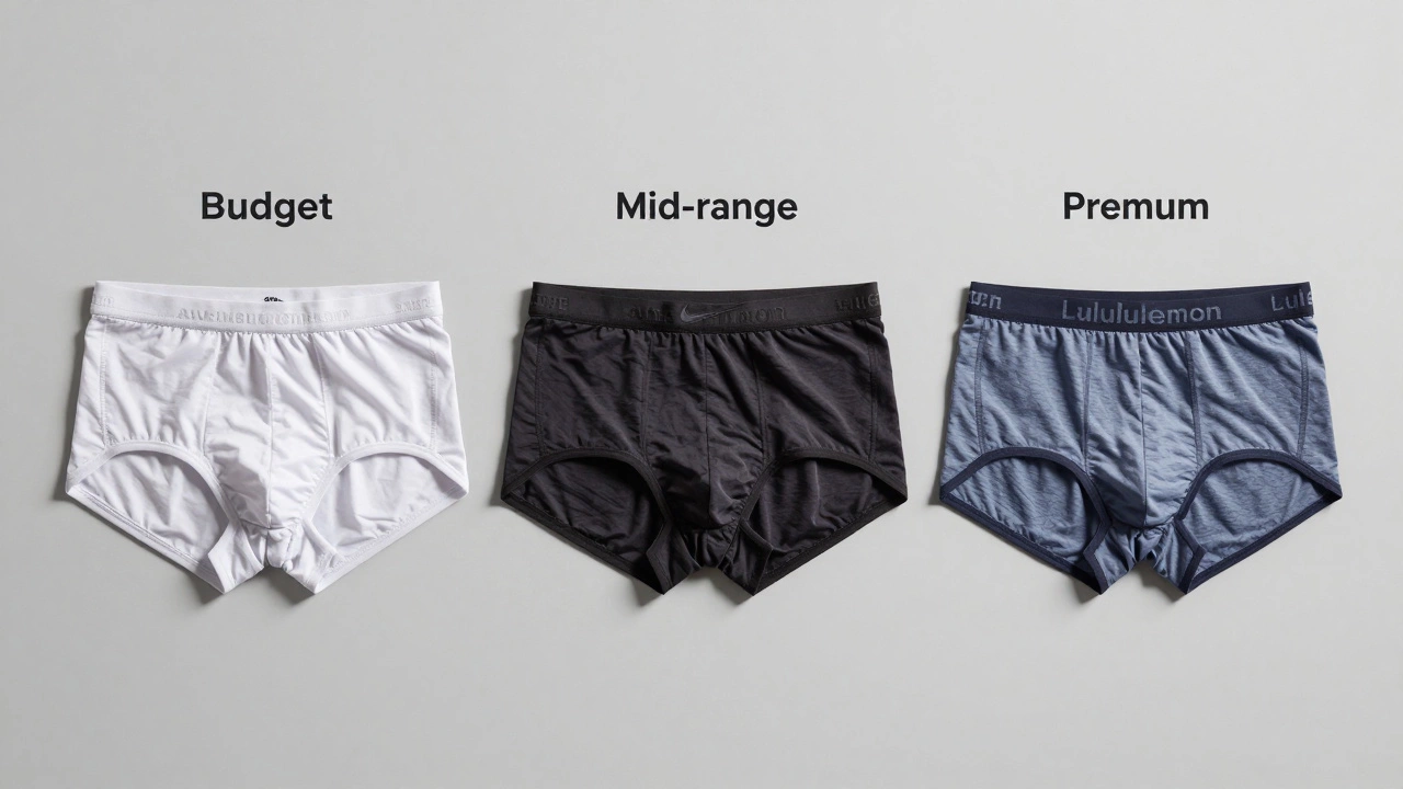 Три пары беговых трусов разных ценовых категорий, показаны детали ткани и швов, нейтральный фон.