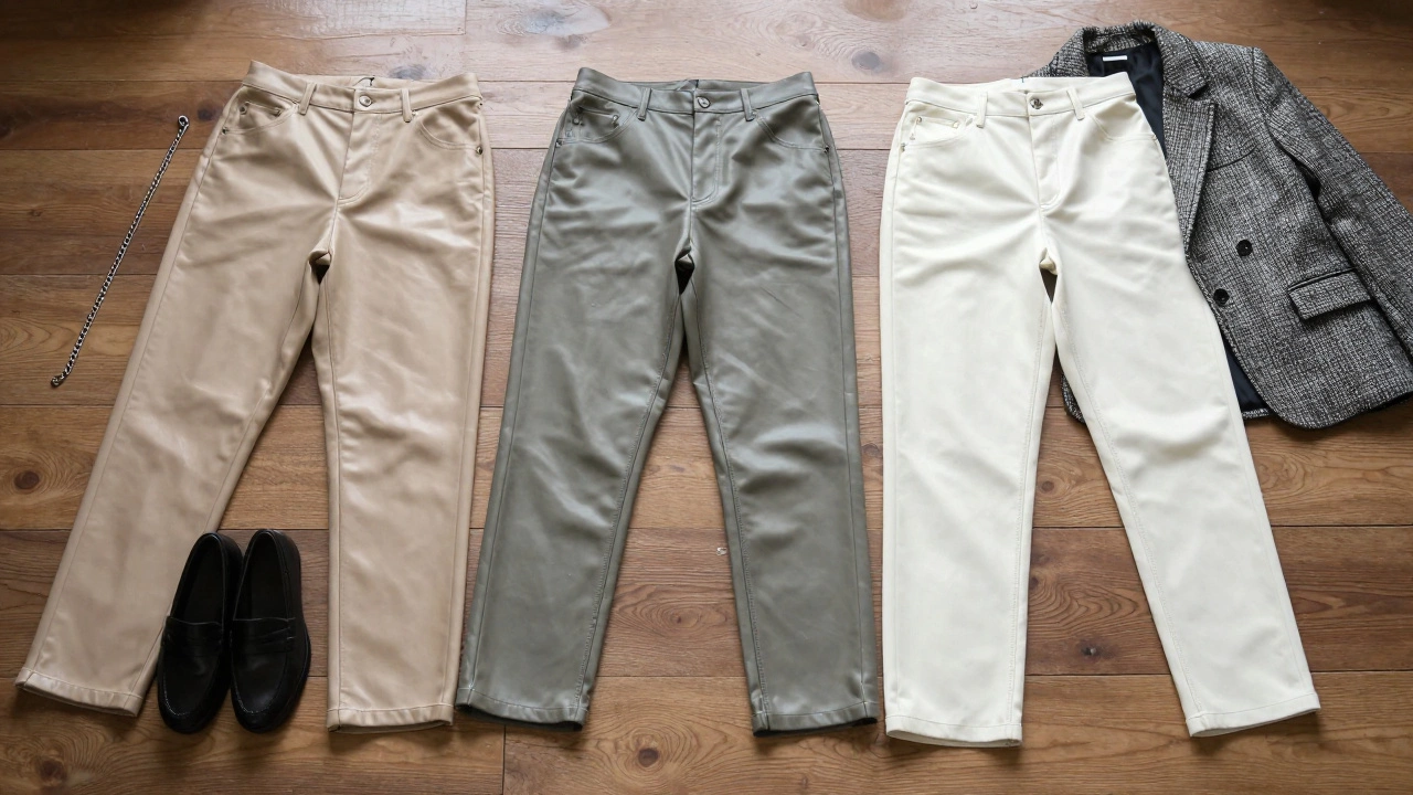Три пары кожаных брюк в пастельных тонах с аксессуарами на деревянной поверхности