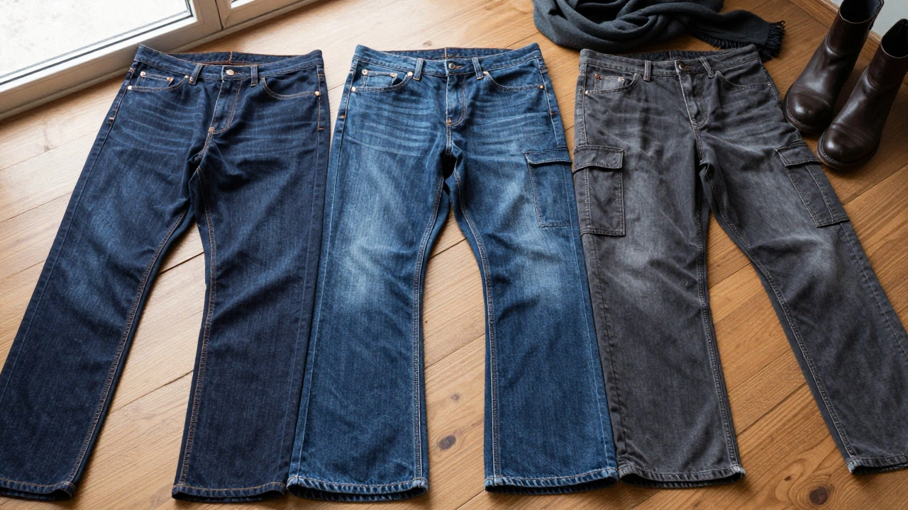 Три типа джинсов — прямые, слегка расклешенные и карго — без дыр и логотипов, лежат на деревянной поверхности с обувью и шарфом.