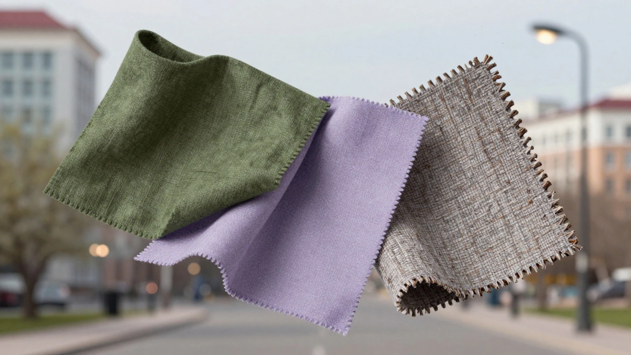 Три ткани — лен с шерстью, шелковистая шерсть и твид — парят на фоне весеннего города, подчеркивая текстуру и натуральность.