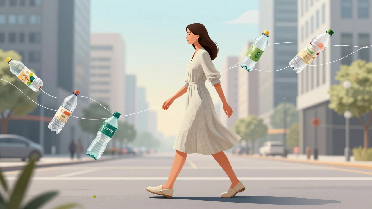 Женщина в платье из TENCEL™ и обуви из льна, шагающая по городу, вокруг неё переработанные бутылки превращаются в ткань.