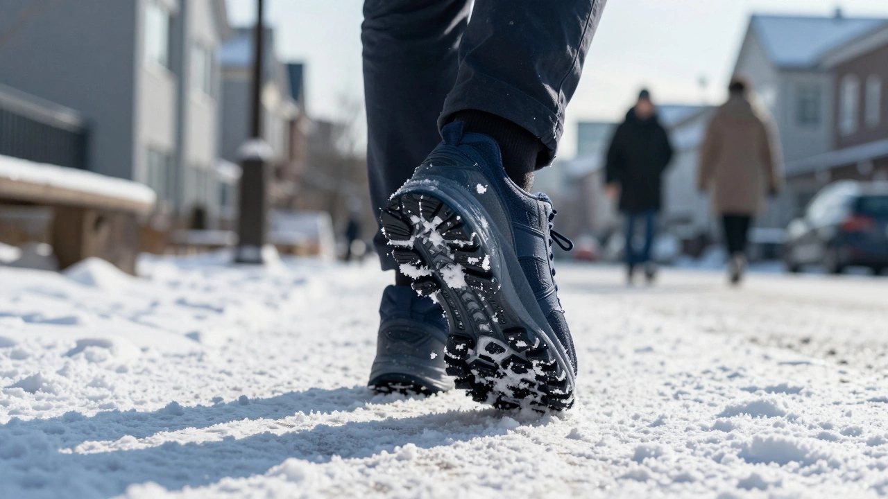 Ближний план ноги в темно-синих кроссовках на ледяном тротуаре, снег тает на подошве.