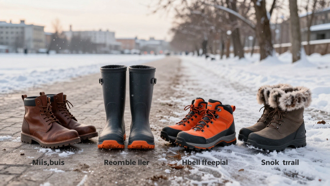 Четыре типа зимней обуви на снегу в Минске, каждая с контекстом использования: город, деревня, парк и лес.