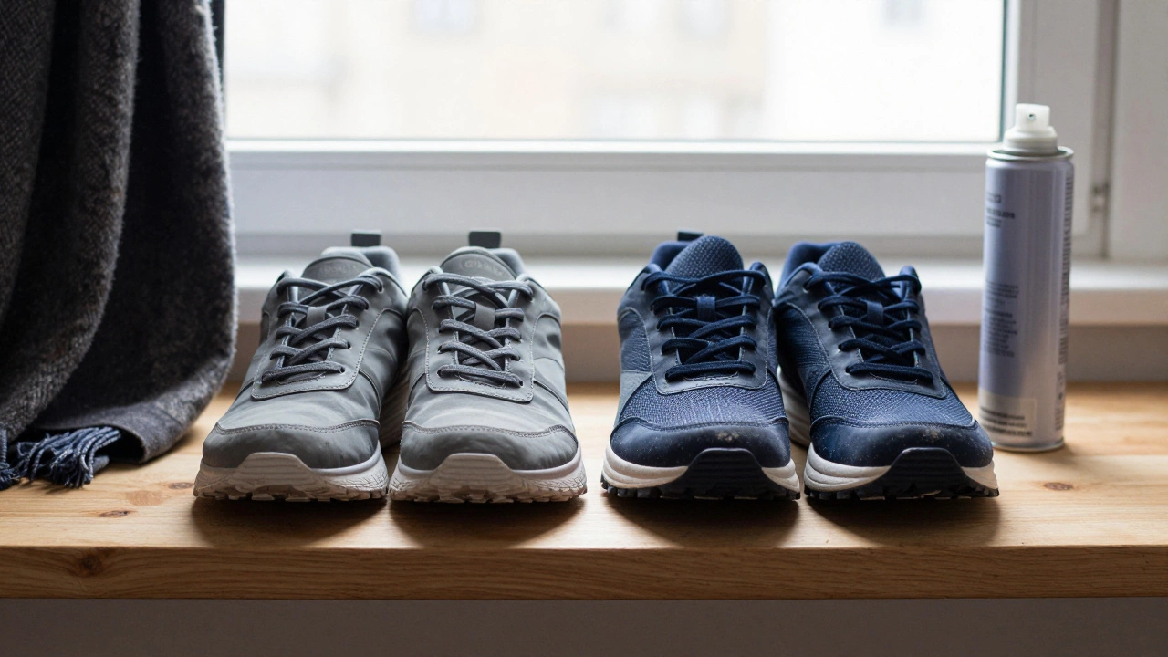Две пары зимних кроссовок — серые и темно-синие — лежат на деревянной полке с аэрозолем для ухода.