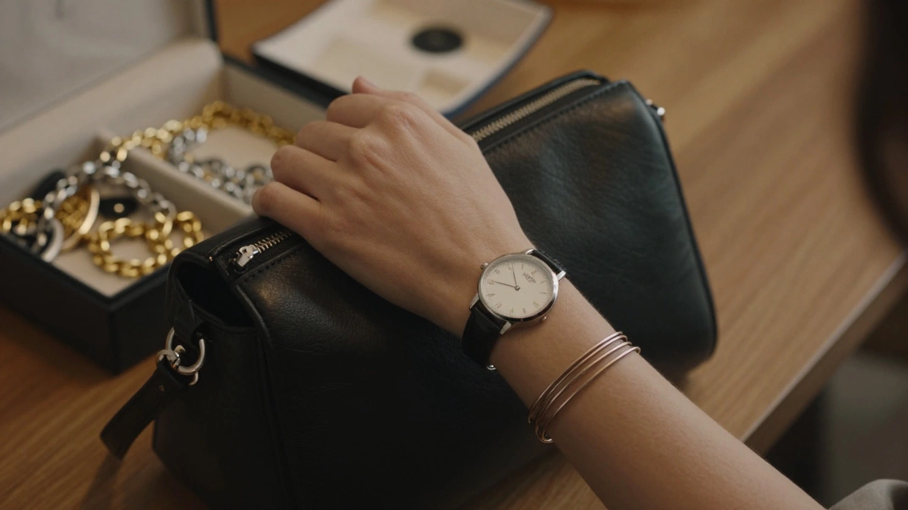 Крупный план часов, браслетов и кожаной сумки