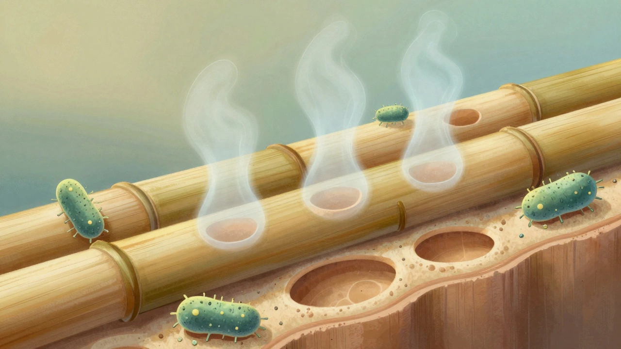 Микроскопическое изображение волокон бамбука с порами, превращающими пот в пар и уничтожающими бактерии.