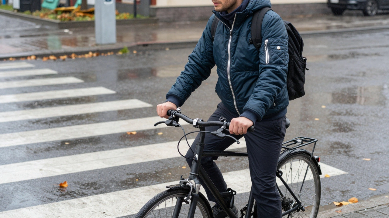 Мужчина с велосипедом в водонепроницаемой куртке-бомбере стоит у перехода под дождём.