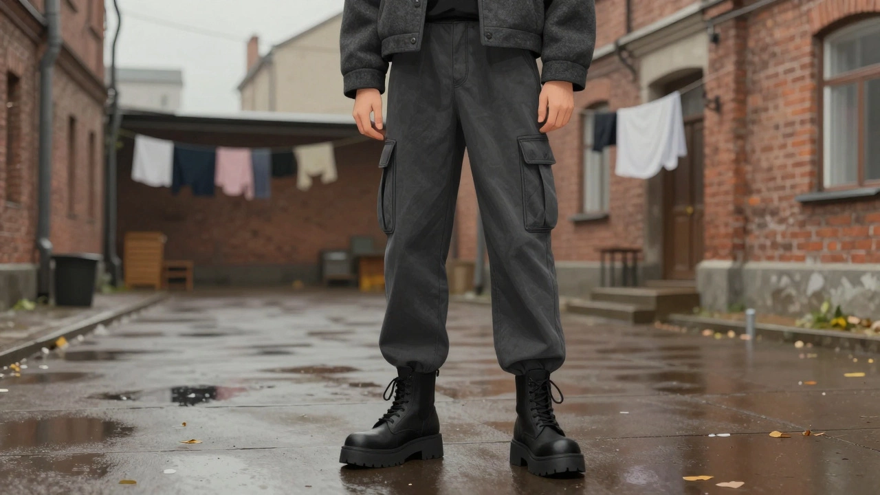 Мужчина в брюках-карго с платформой, стоящий во дворе города.